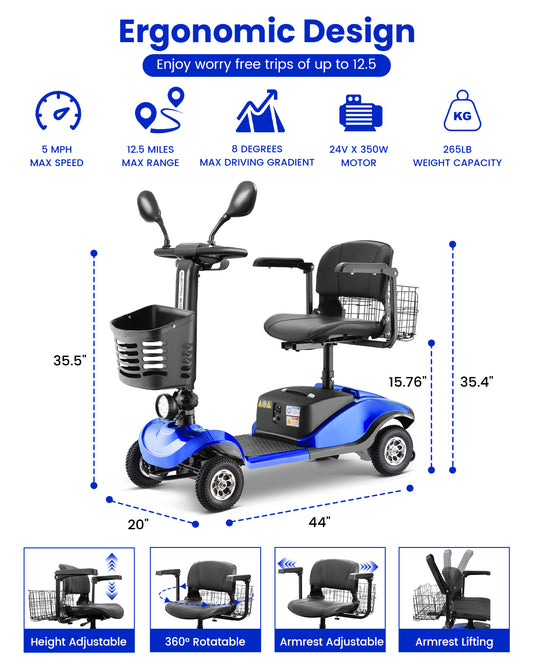 Folding Mobility Scooter for Adult - HEINSY Powered Mobility Scooter All Terrain Motorized Scooter Collapsible with 350W Motor, 12V20AH Dual Lead-Acid Batteries, Ideal for Elderly, Seniors, and Adults