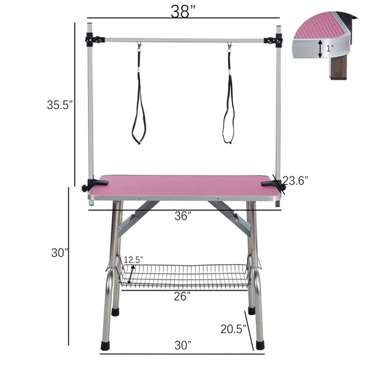 36" Folding Dog Pet Grooming Table Stainless Steel Frame Rubber Mat on Board with Adjustable Arm and Clamps pet dog Cat Grooming Table (PINK COLOR)
