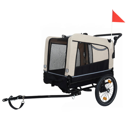 2-in-1 Bike Trailer & Push Cart for Pets - Detachable Bike Hitch & Push Handle Included - All-Terrain Wheels, Quick Release Wheel, Non-Slip Floor, Internal Leash, Holds Up to 88 lbs, Black- Beige
