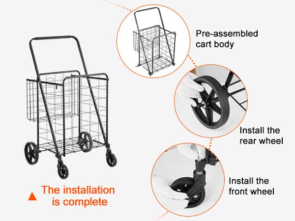 Folding Shopping Cart, Jumbo Grocery Cart with Double Baskets, 360° Swivel Wheels, Heavy Duty Utility Cart, 110 LBS Large Capacity Utility Cart for Laundry, Shopping, Grocery, Luggage