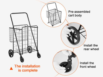 Folding Shopping Cart, Jumbo Grocery Cart with Double Baskets, 360° Swivel Wheels, Heavy Duty Utility Cart, 110 LBS Large Capacity Utility Cart for Laundry, Shopping, Grocery, Luggage