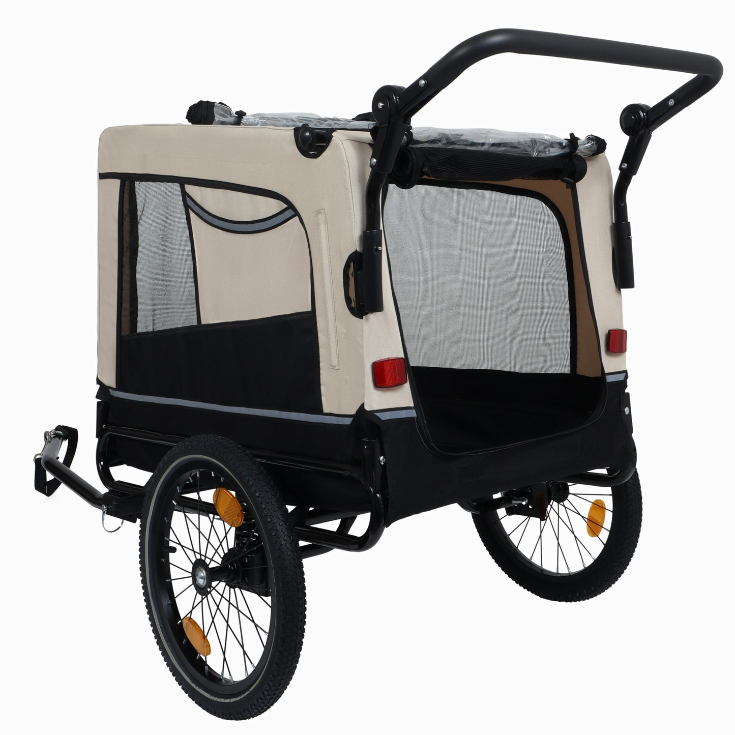 2-in-1 Bike Trailer & Push Cart for Pets - Detachable Bike Hitch & Push Handle Included - All-Terrain Wheels, Quick Release Wheel, Non-Slip Floor, Internal Leash, Holds Up to 88 lbs, Black- Beige