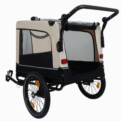 2-in-1 Bike Trailer & Push Cart for Pets - Detachable Bike Hitch & Push Handle Included - All-Terrain Wheels, Quick Release Wheel, Non-Slip Floor, Internal Leash, Holds Up to 88 lbs, Black- Beige
