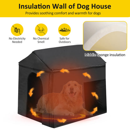 60.2" Large Outdoor Dog House with Insulated Liner for Winter Waterproof Dog Kennel for Medium & Large Dogs, Dog House with Porch and Asphalt Roof and Elevated Floor, Nature