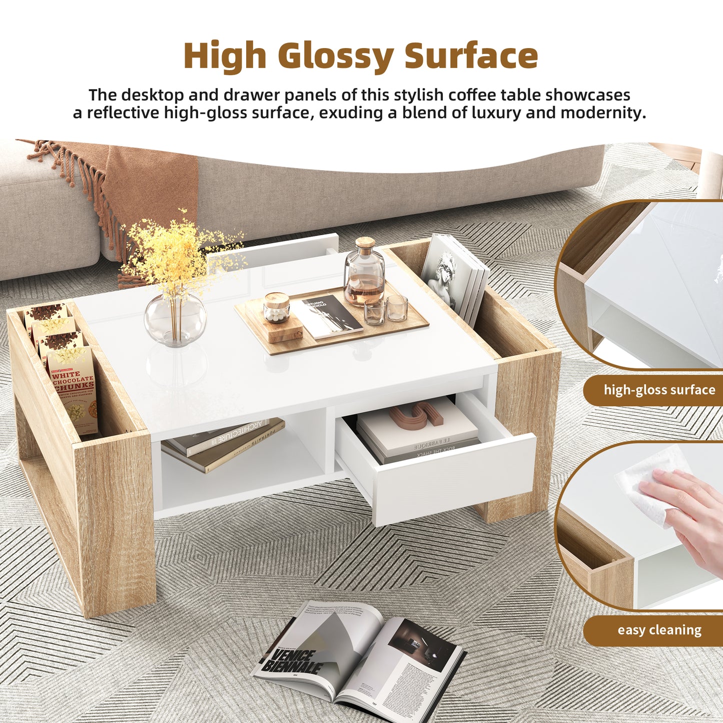 ON-TREND High Glossy Coffee Table with 2 Drawers 