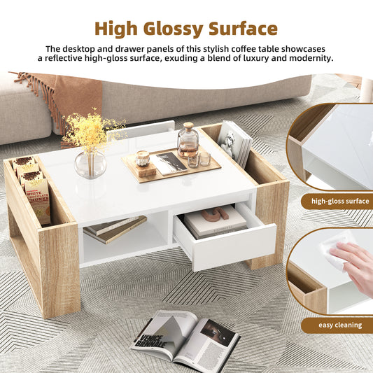 ON-TREND High Glossy Coffee Table with 2 Drawers 