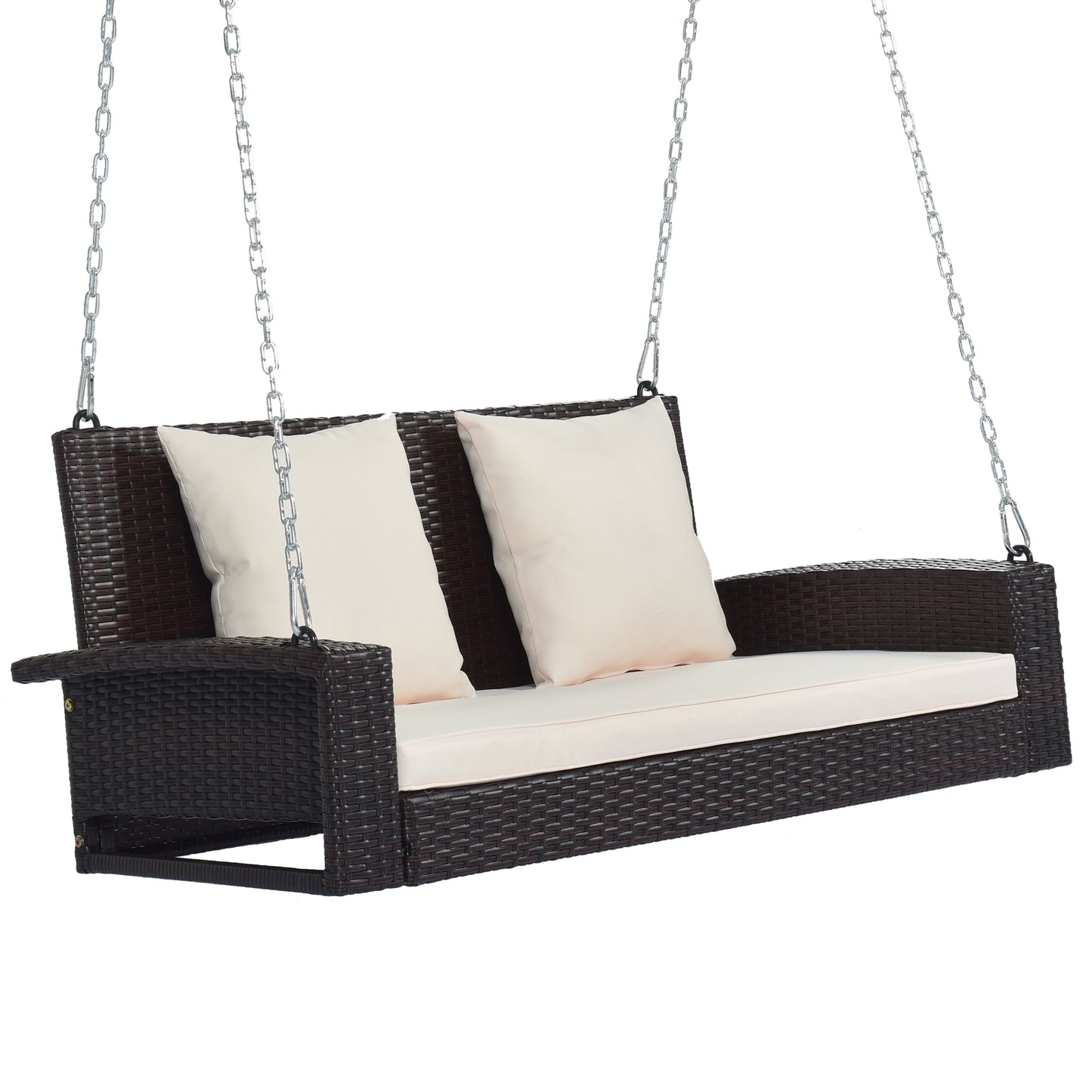 GO 2-Person Wicker Hanging Porch Swing with Chains, Cushion, Pillow, Rattan Swing Bench for Garden, Backyard, Pond. (Brown Wicker, Beige Cushion) 
