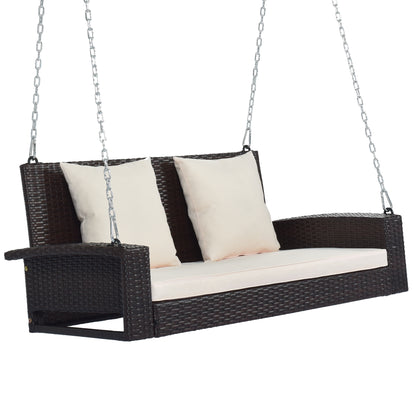GO 2-Person Wicker Hanging Porch Swing with Chains, Cushion, Pillow, Rattan Swing Bench for Garden, Backyard, Pond. (Brown Wicker, Beige Cushion) 