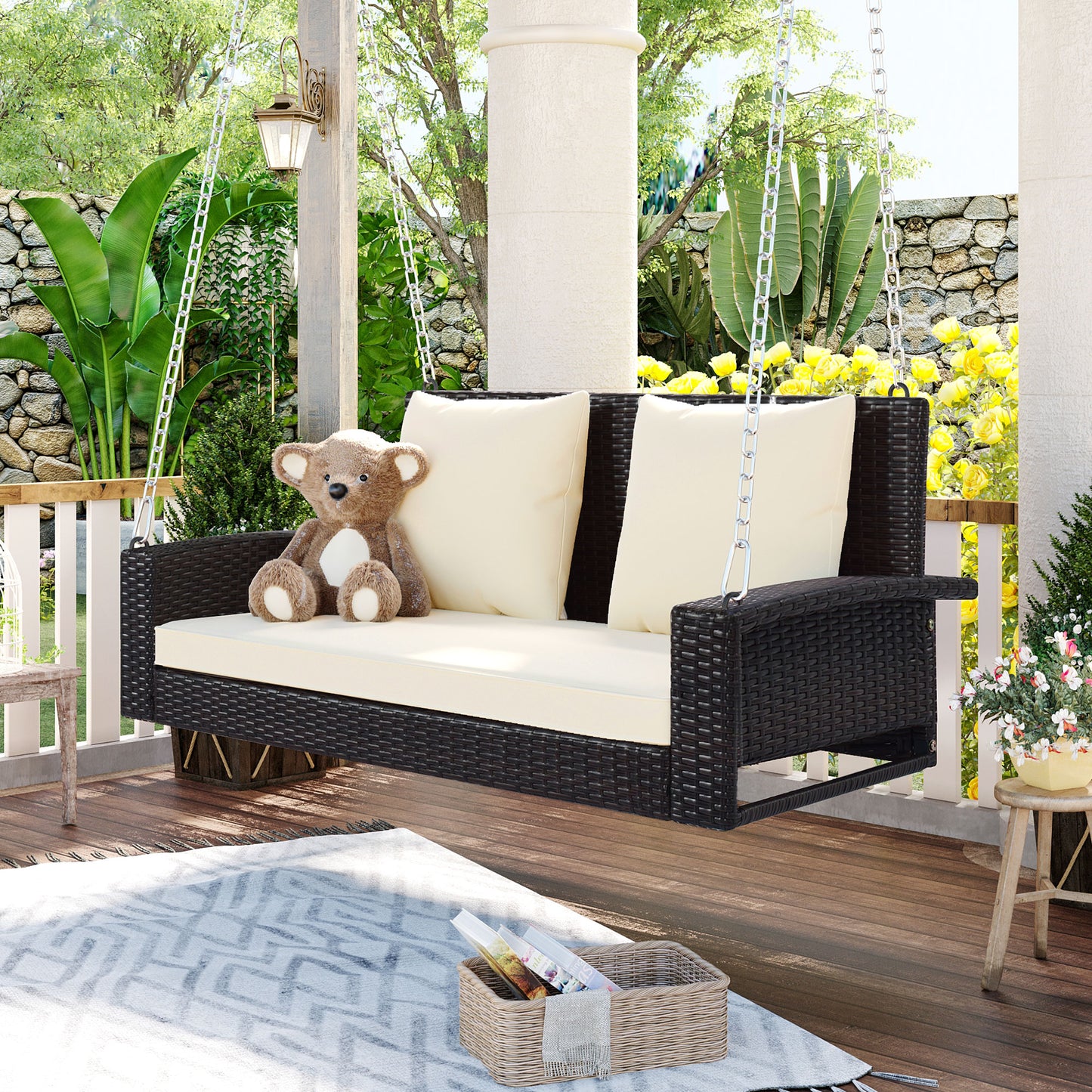 GO 2-Person Wicker Hanging Porch Swing with Chains, Cushion, Pillow, Rattan Swing Bench for Garden, Backyard, Pond. (Brown Wicker, Beige Cushion) 