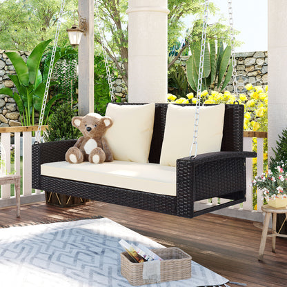 GO 2-Person Wicker Hanging Porch Swing with Chains, Cushion, Pillow, Rattan Swing Bench for Garden, Backyard, Pond. (Brown Wicker, Beige Cushion) 