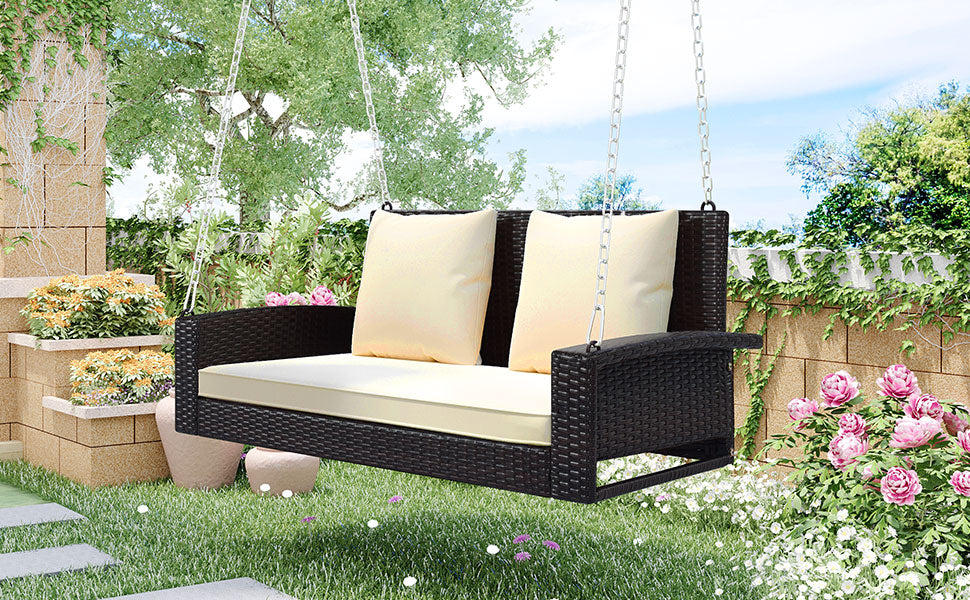 GO 2-Person Wicker Hanging Porch Swing with Chains, Cushion, Pillow, Rattan Swing Bench for Garden, Backyard, Pond. (Brown Wicker, Beige Cushion) 