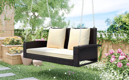 GO 2-Person Wicker Hanging Porch Swing with Chains, Cushion, Pillow, Rattan Swing Bench for Garden, Backyard, Pond. (Brown Wicker, Beige Cushion) 