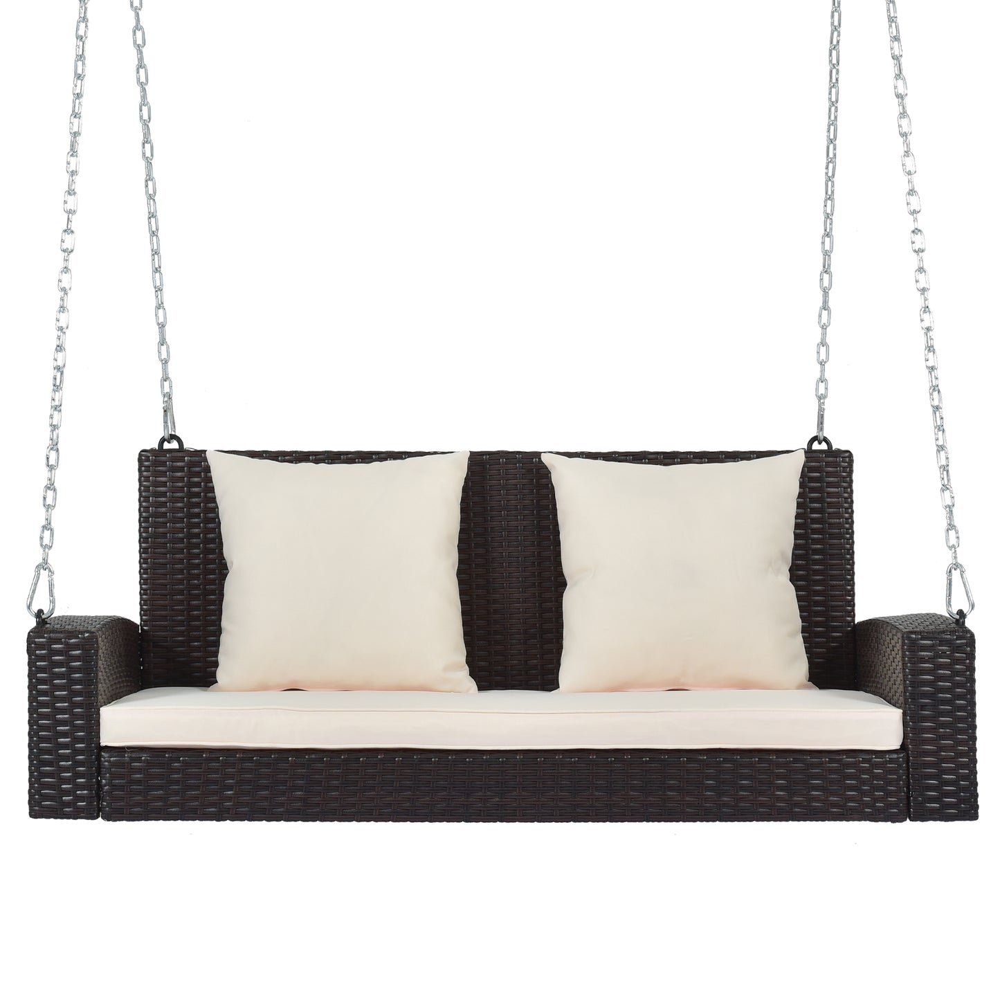 GO 2-Person Wicker Hanging Porch Swing with Chains, Cushion, Pillow, Rattan Swing Bench for Garden, Backyard, Pond. (Brown Wicker, Beige Cushion) 