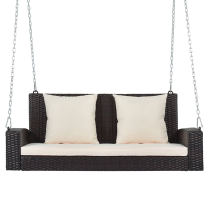 GO 2-Person Wicker Hanging Porch Swing with Chains, Cushion, Pillow, Rattan Swing Bench for Garden, Backyard, Pond. (Brown Wicker, Beige Cushion) 