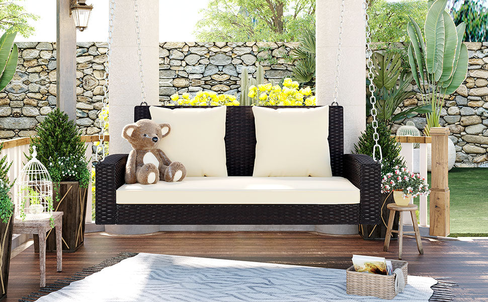 GO 2-Person Wicker Hanging Porch Swing with Chains, Cushion, Pillow, Rattan Swing Bench for Garden, Backyard, Pond. (Brown Wicker, Beige Cushion) 