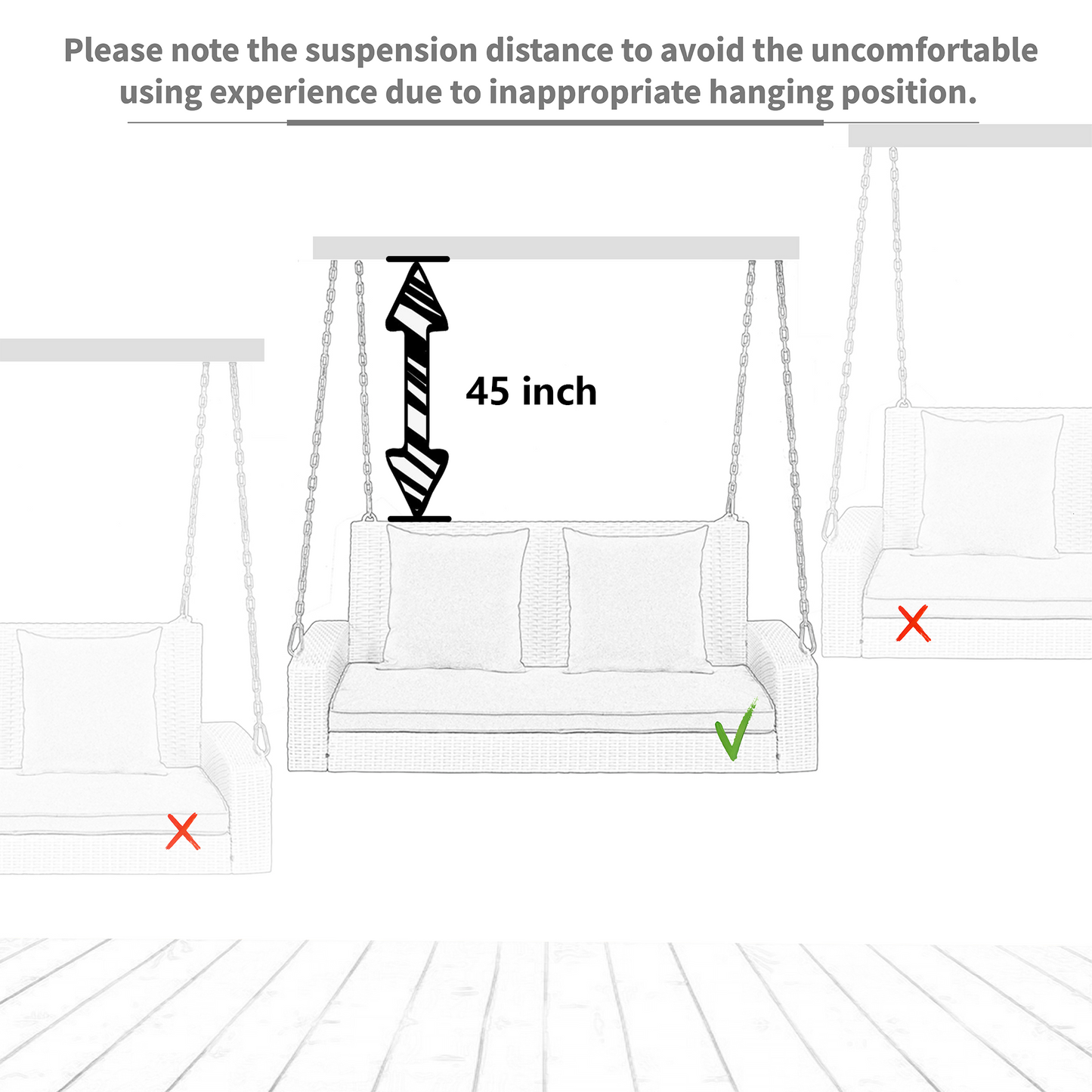 GO 2-Person Wicker Hanging Porch Swing with Chains, Cushion, Pillow, Rattan Swing Bench for Garden, Backyard, Pond. (Brown Wicker, Beige Cushion) 