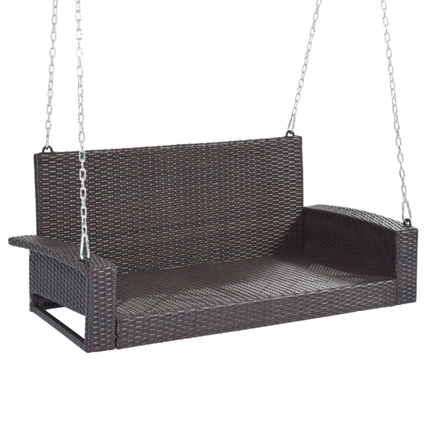 GO 2-Person Wicker Hanging Porch Swing with Chains, Cushion, Pillow, Rattan Swing Bench for Garden, Backyard, Pond. (Brown Wicker, Beige Cushion) 