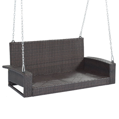 GO 2-Person Wicker Hanging Porch Swing with Chains, Cushion, Pillow, Rattan Swing Bench for Garden, Backyard, Pond. (Brown Wicker, Beige Cushion) 