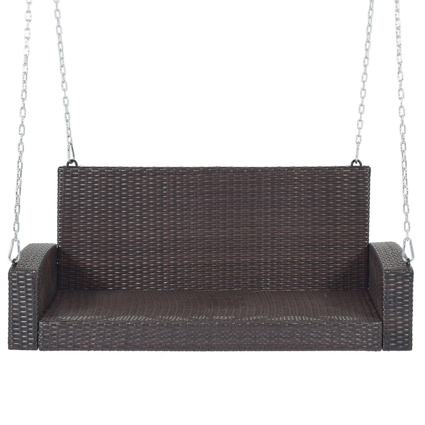 GO 2-Person Wicker Hanging Porch Swing with Chains, Cushion, Pillow, Rattan Swing Bench for Garden, Backyard, Pond. (Brown Wicker, Beige Cushion) 