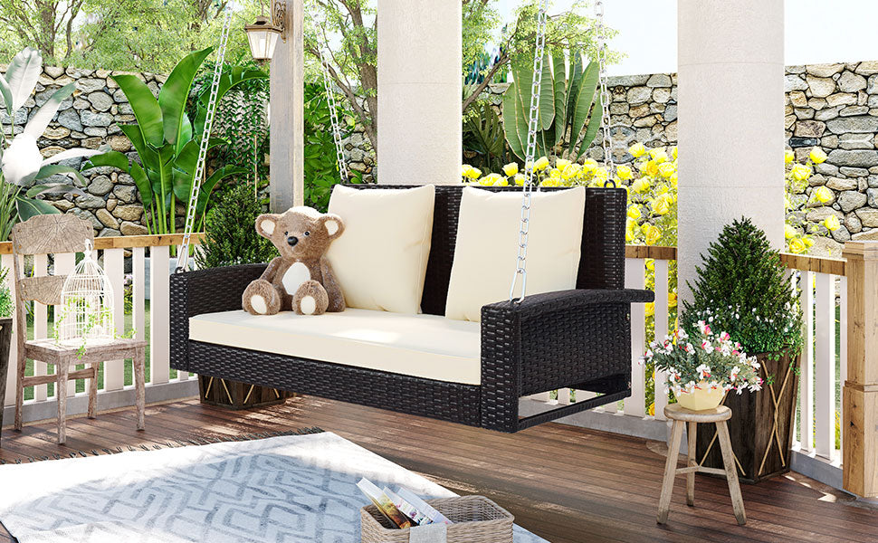 GO 2-Person Wicker Hanging Porch Swing with Chains, Cushion, Pillow, Rattan Swing Bench for Garden, Backyard, Pond. (Brown Wicker, Beige Cushion) 