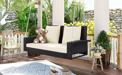 GO 2-Person Wicker Hanging Porch Swing with Chains, Cushion, Pillow, Rattan Swing Bench for Garden, Backyard, Pond. (Brown Wicker, Beige Cushion) 