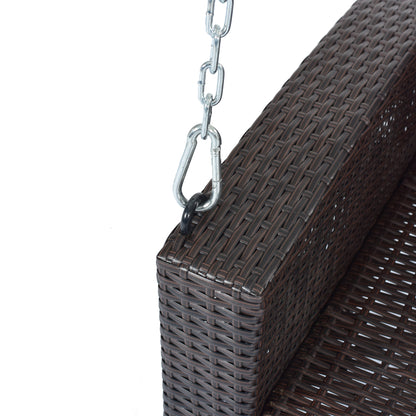 GO 2-Person Wicker Hanging Porch Swing with Chains, Cushion, Pillow, Rattan Swing Bench for Garden, Backyard, Pond. (Brown Wicker, Beige Cushion) 