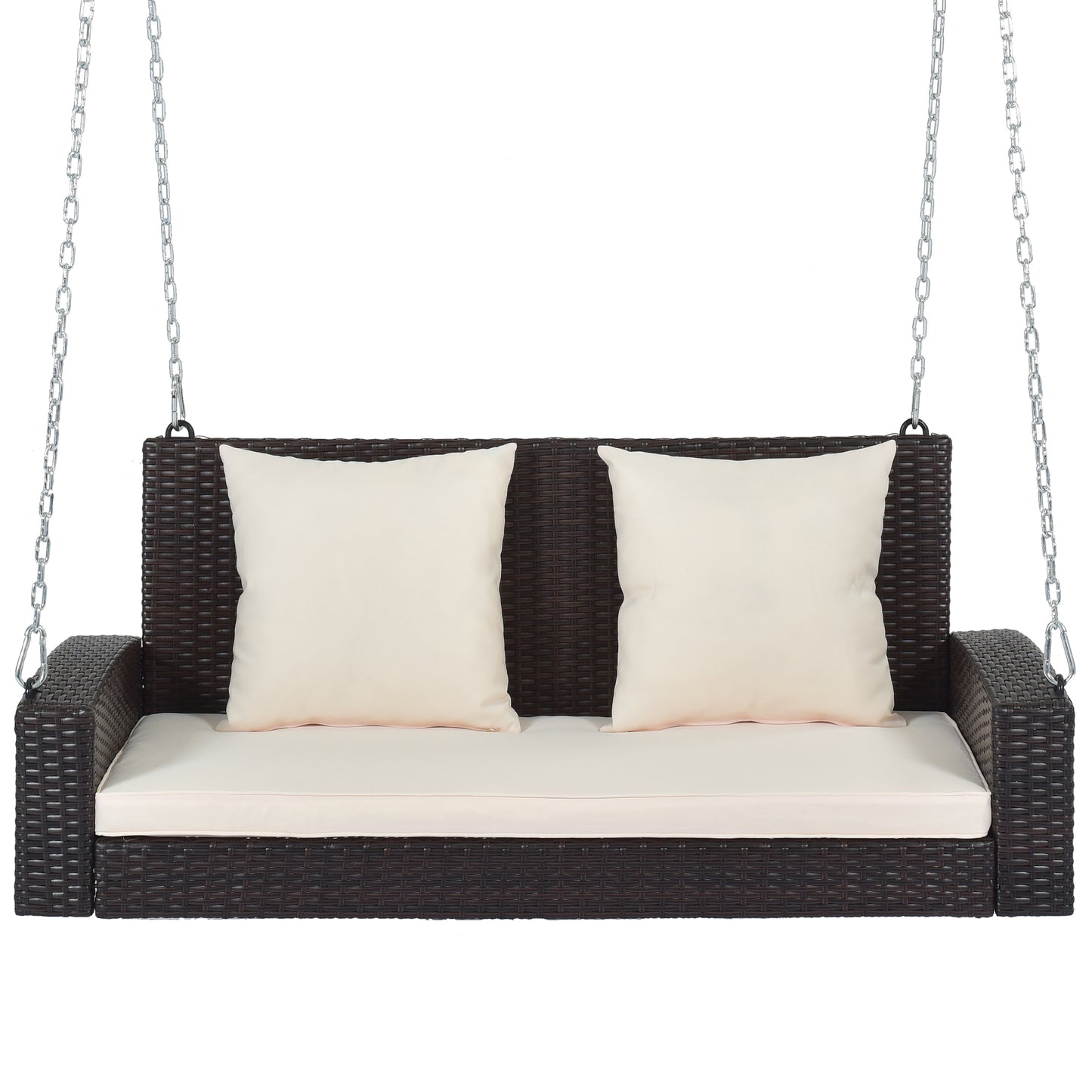 GO 2-Person Wicker Hanging Porch Swing with Chains, Cushion, Pillow, Rattan Swing Bench for Garden, Backyard, Pond. (Brown Wicker, Beige Cushion) 