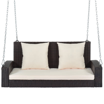 GO 2-Person Wicker Hanging Porch Swing with Chains, Cushion, Pillow, Rattan Swing Bench for Garden, Backyard, Pond. (Brown Wicker, Beige Cushion) 