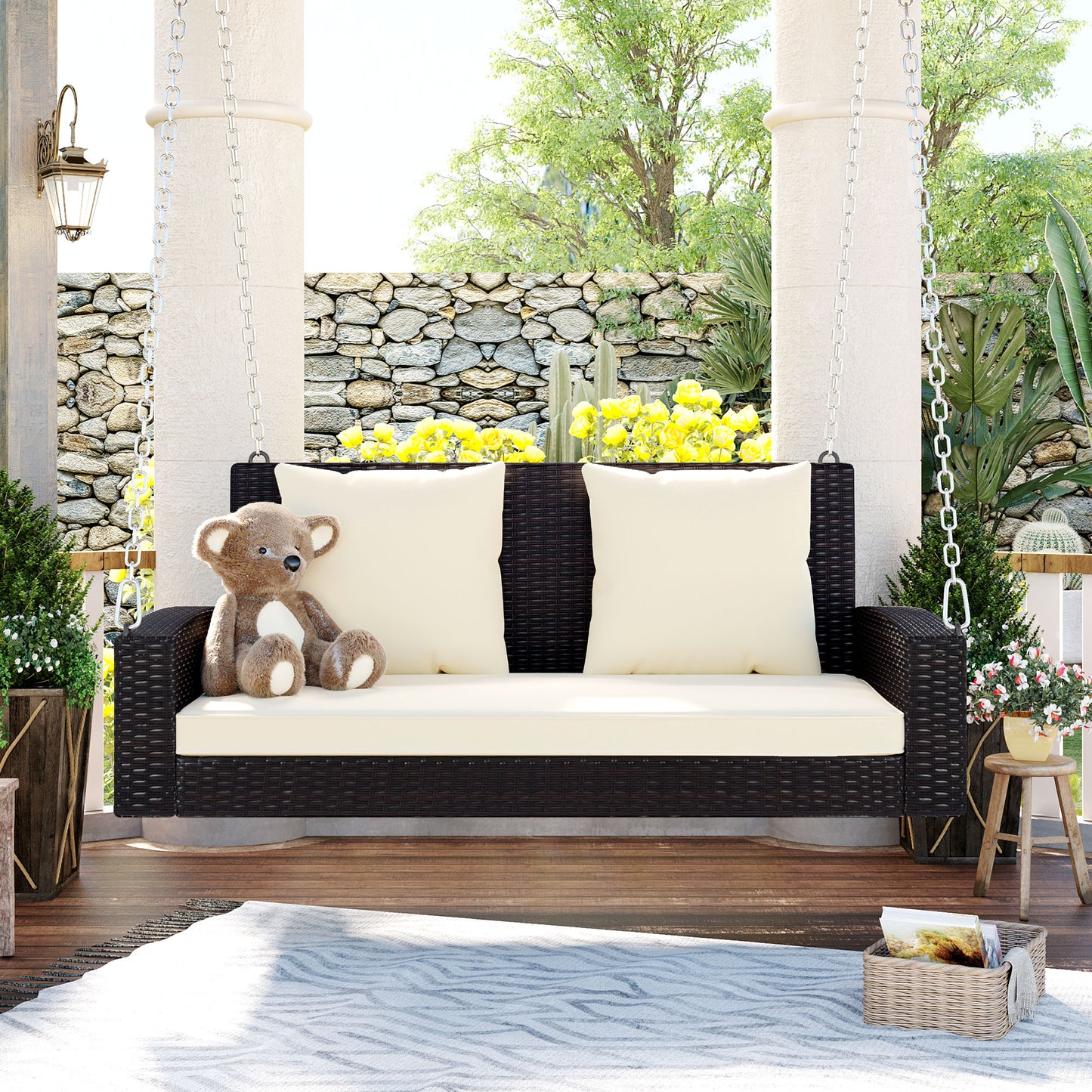 GO 2-Person Wicker Hanging Porch Swing with Chains, Cushion, Pillow, Rattan Swing Bench for Garden, Backyard, Pond. (Brown Wicker, Beige Cushion) 