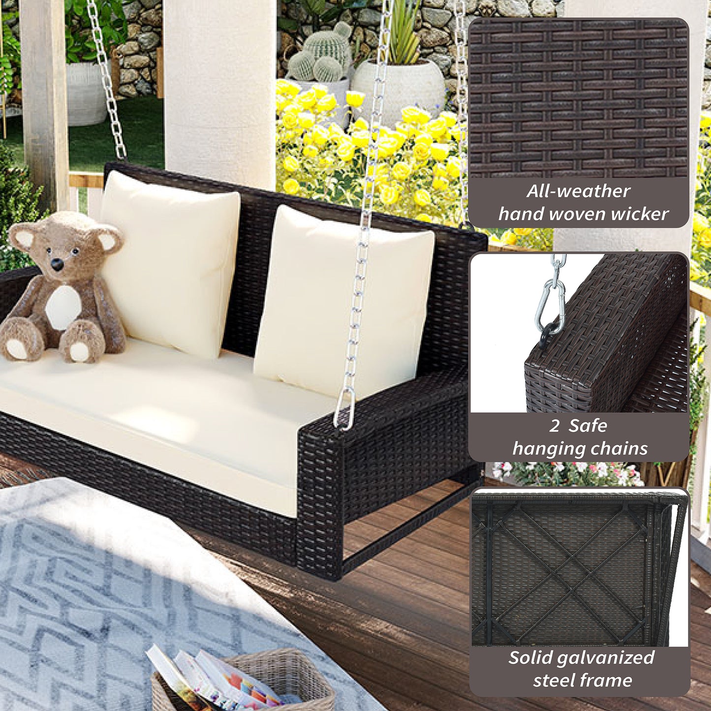 GO 2-Person Wicker Hanging Porch Swing with Chains, Cushion, Pillow, Rattan Swing Bench for Garden, Backyard, Pond. (Brown Wicker, Beige Cushion) 