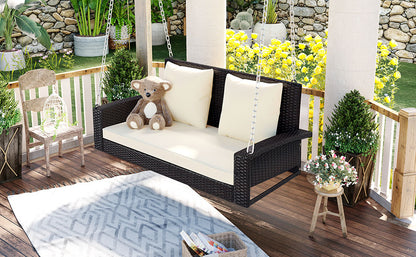 GO 2-Person Wicker Hanging Porch Swing with Chains, Cushion, Pillow, Rattan Swing Bench for Garden, Backyard, Pond. (Brown Wicker, Beige Cushion) 