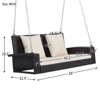 GO 2-Person Wicker Hanging Porch Swing with Chains, Cushion, Pillow, Rattan Swing Bench for Garden, Backyard, Pond. (Brown Wicker, Beige Cushion) 