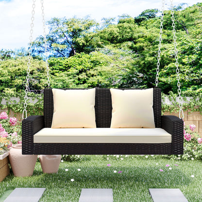 GO 2-Person Wicker Hanging Porch Swing with Chains, Cushion, Pillow, Rattan Swing Bench for Garden, Backyard, Pond. (Brown Wicker, Beige Cushion) 