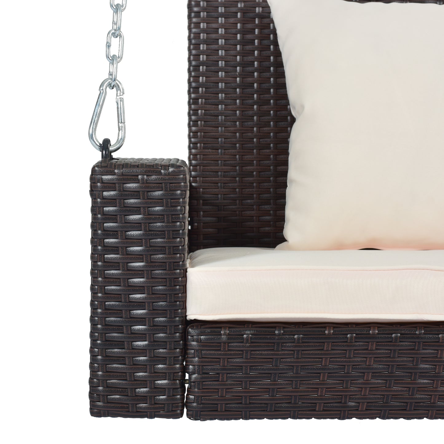 GO 2-Person Wicker Hanging Porch Swing with Chains, Cushion, Pillow, Rattan Swing Bench for Garden, Backyard, Pond. (Brown Wicker, Beige Cushion) 