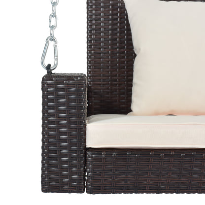 GO 2-Person Wicker Hanging Porch Swing with Chains, Cushion, Pillow, Rattan Swing Bench for Garden, Backyard, Pond. (Brown Wicker, Beige Cushion) 