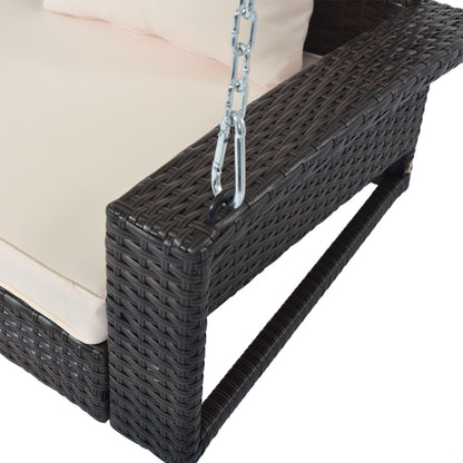 GO 2-Person Wicker Hanging Porch Swing with Chains, Cushion, Pillow, Rattan Swing Bench for Garden, Backyard, Pond. (Brown Wicker, Beige Cushion) 