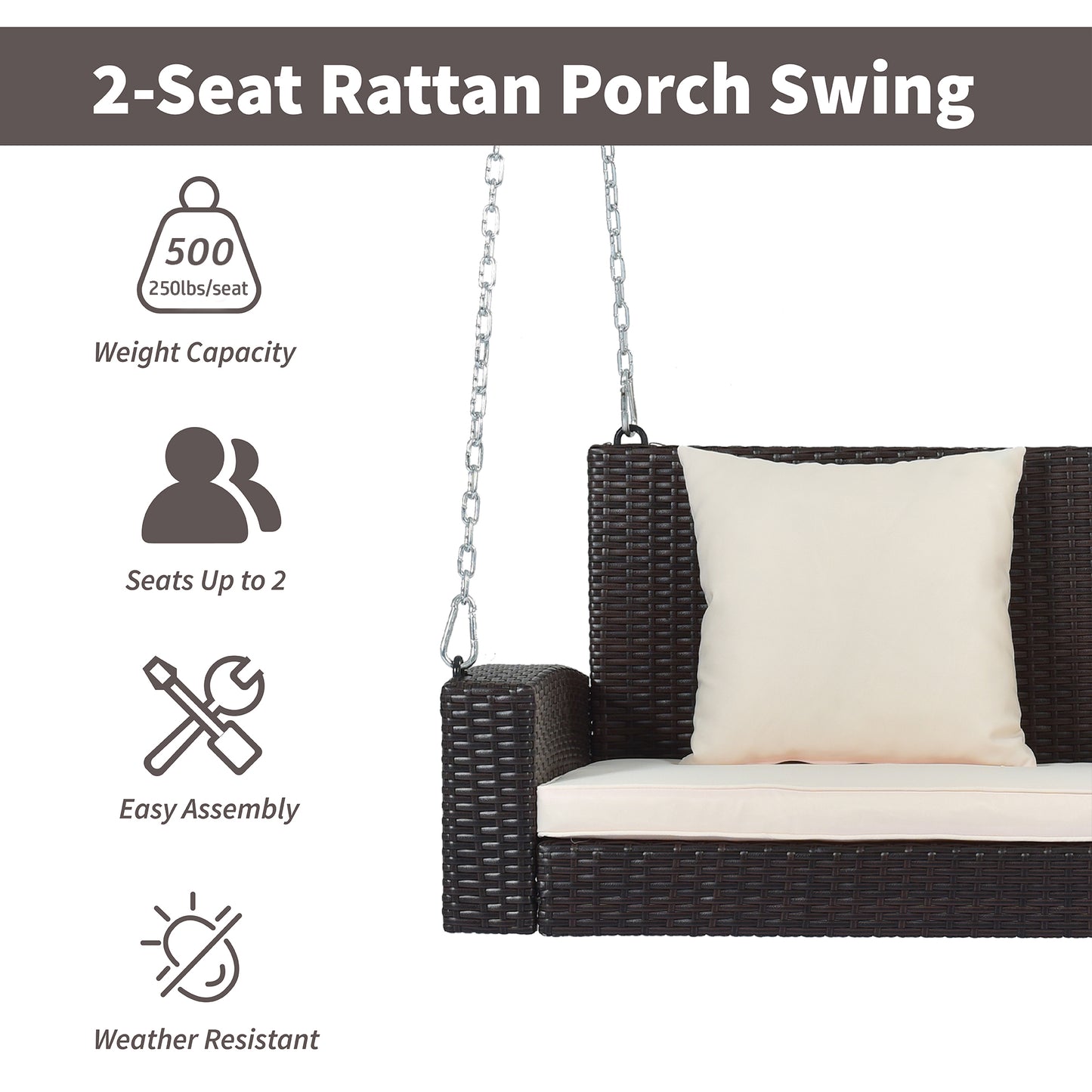 GO 2-Person Wicker Hanging Porch Swing with Chains, Cushion, Pillow, Rattan Swing Bench for Garden, Backyard, Pond. (Brown Wicker, Beige Cushion) 