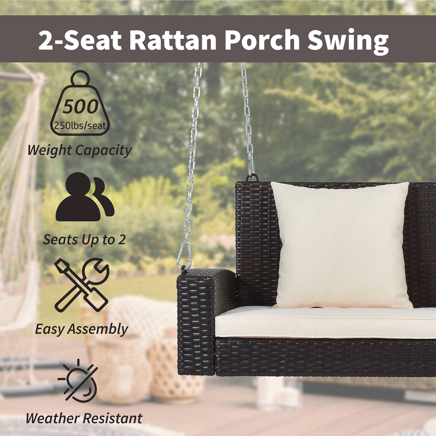 GO 2-Person Wicker Hanging Porch Swing with Chains, Cushion, Pillow, Rattan Swing Bench for Garden, Backyard, Pond. (Brown Wicker, Beige Cushion) 