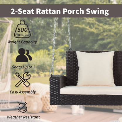 GO 2-Person Wicker Hanging Porch Swing with Chains, Cushion, Pillow, Rattan Swing Bench for Garden, Backyard, Pond. (Brown Wicker, Beige Cushion) 