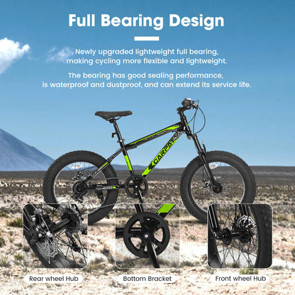 S20109 20 Inch Mountain Bike for Kids and Teenagers, High Carbon Steel Frame, Disc Brakes, Durable Wide Tires, Front Suspension, 7-Speed, Ideal for Snow and Off-Road Riding
