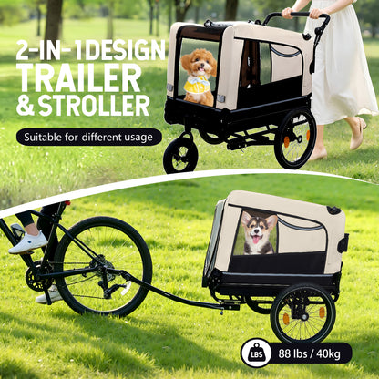 2-in-1 Bike Trailer & Push Cart for Pets - Detachable Bike Hitch & Push Handle Included - All-Terrain Wheels, Quick Release Wheel, Non-Slip Floor, Internal Leash, Holds Up to 88 lbs, Black- Beige
