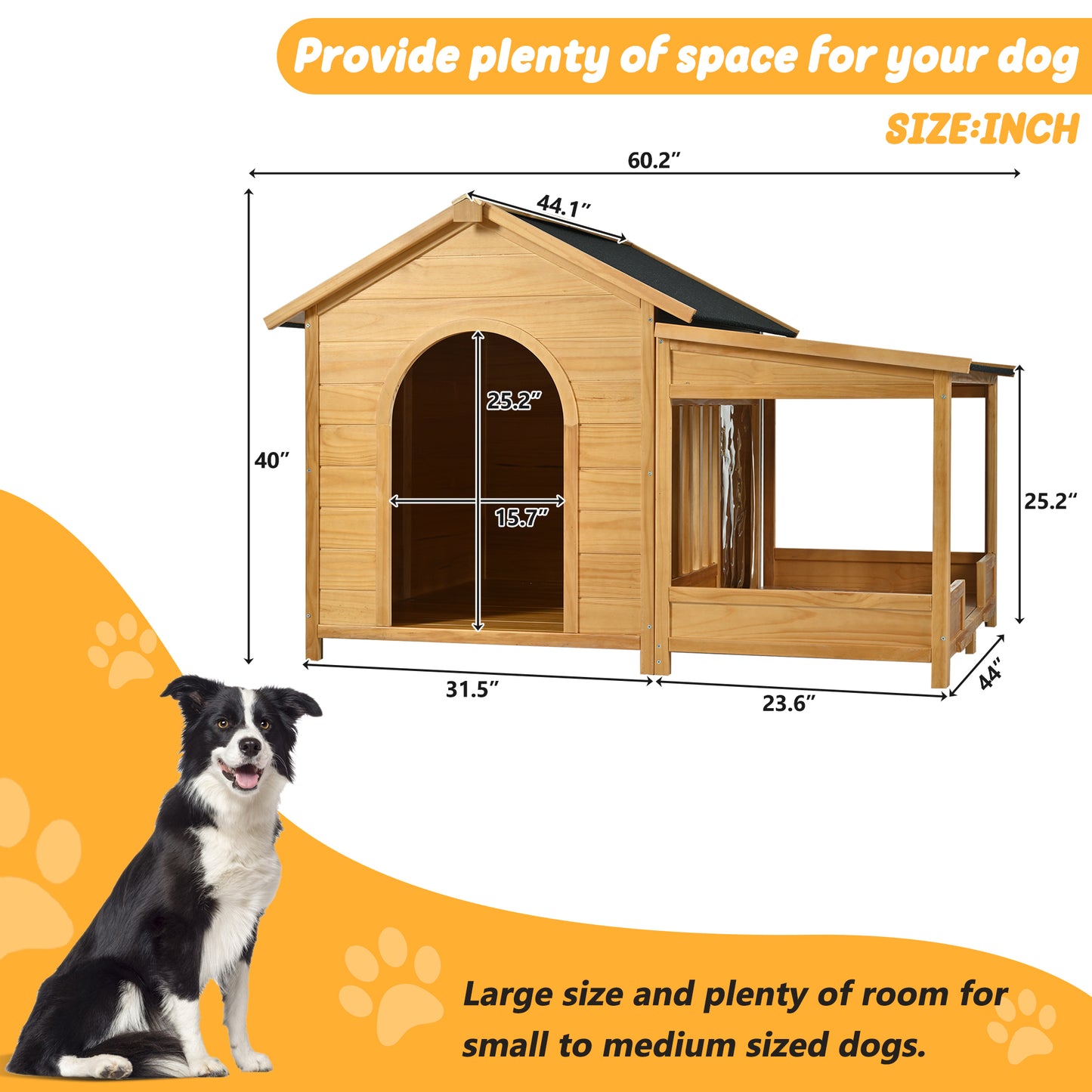 60.2" Large Outdoor Dog House with Insulated Liner for Winter Waterproof Dog Kennel for Medium & Large Dogs, Dog House with Porch and Asphalt Roof and Elevated Floor, Nature