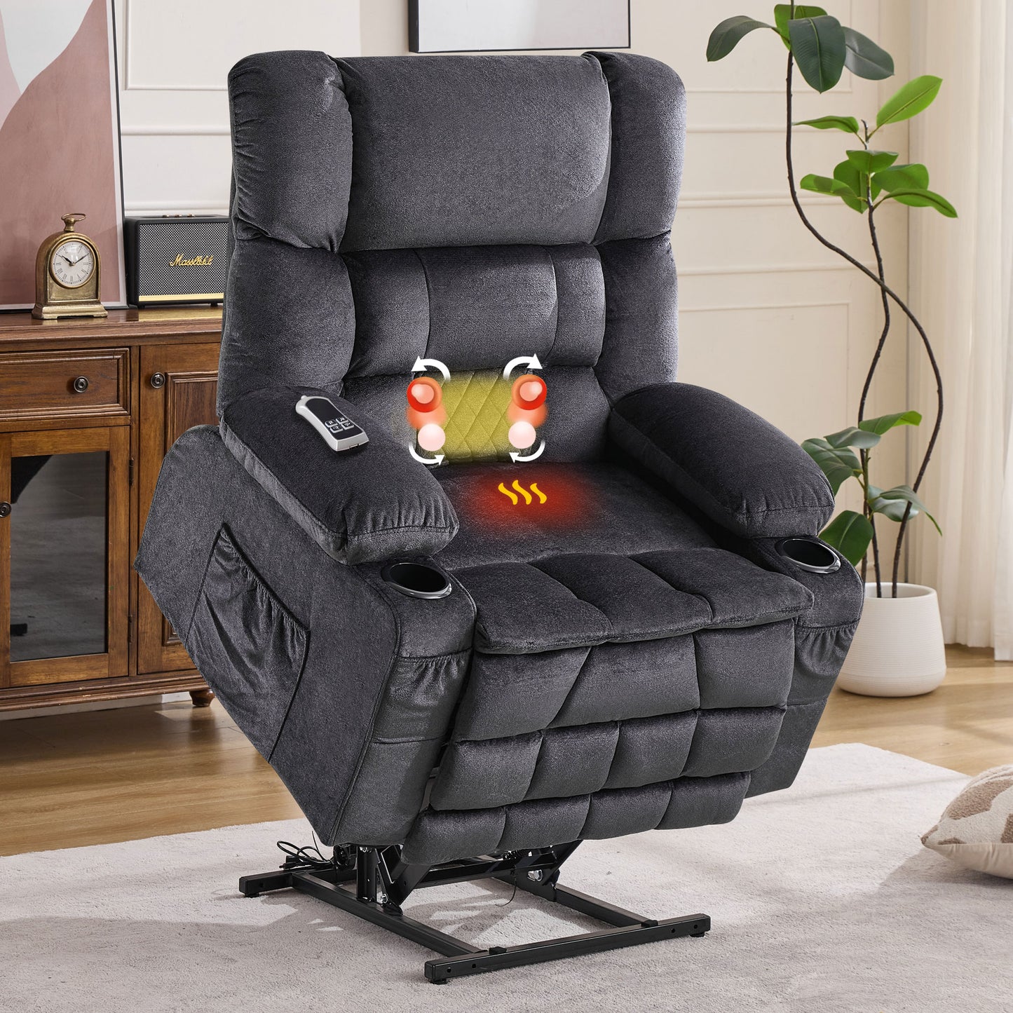 Dual Motor Large Power Lift Recliner Chair for Elderly, Lay Flat Lift Chair with knead the waist and heat, Big Lift Recliner for Tall People, Cup Holders,GREY