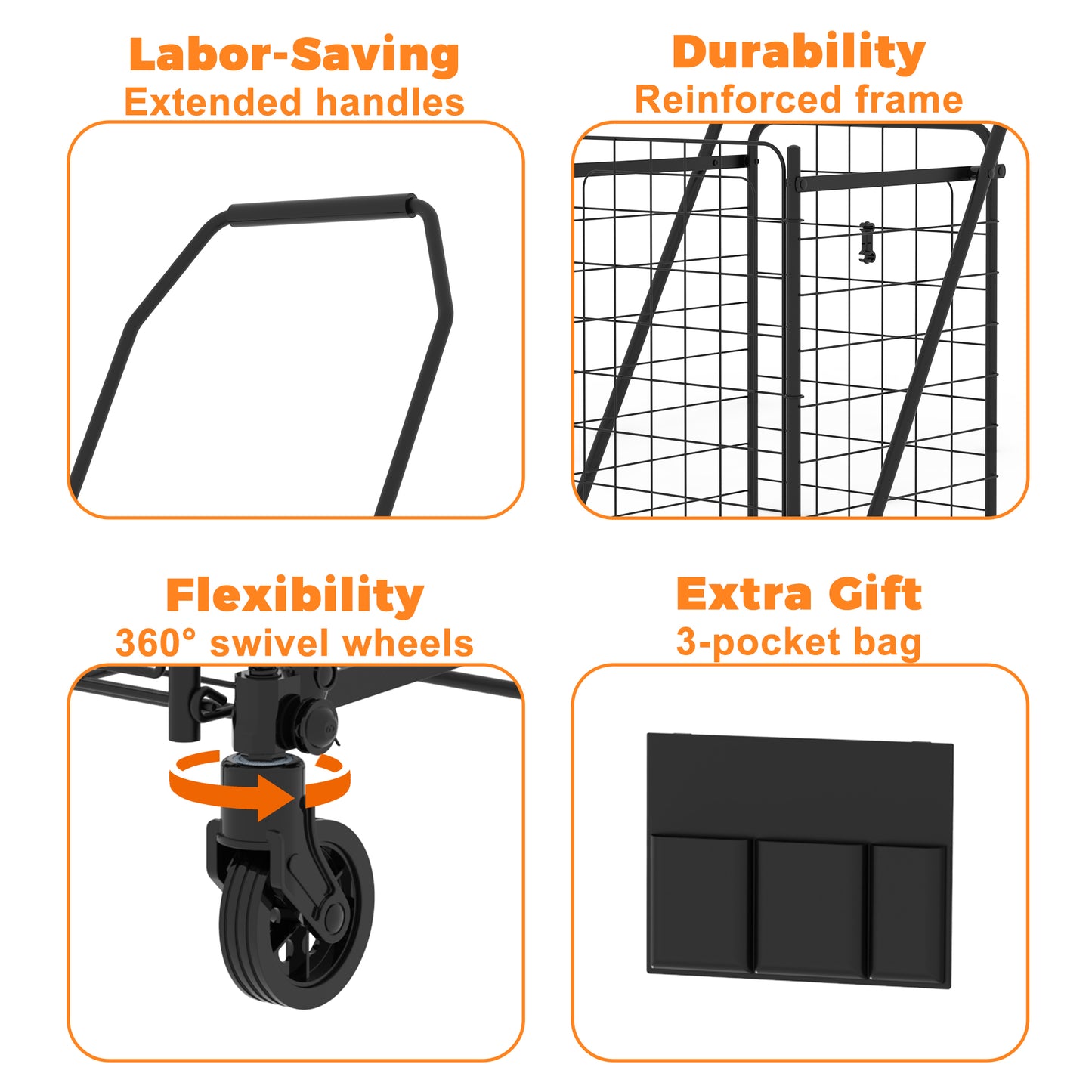 Shopping Cart with open door,Grocery Cart on Wheels, Foldable Utility Shopping Carts with 360° Rolling Swivel Wheels for Groceries Laundry