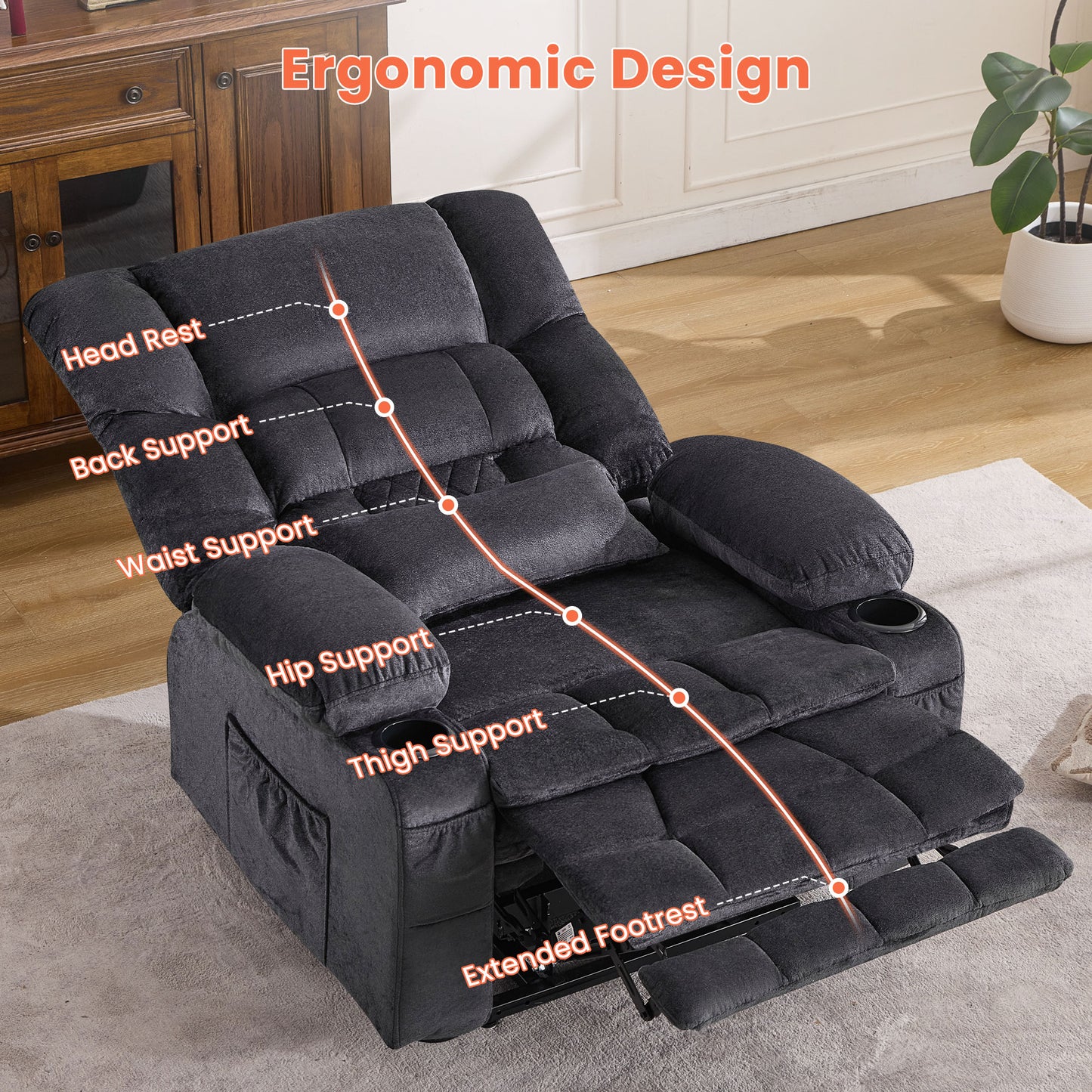 Dual Motor Large Power Lift Recliner Chair for Elderly, Lay Flat Lift Chair with knead the waist and heat, Big Lift Recliner for Tall People, Cup Holders,GREY