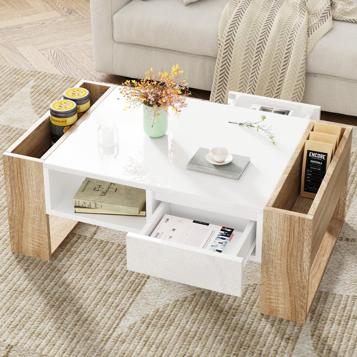 ON-TREND High Glossy Coffee Table with 2 Drawers 