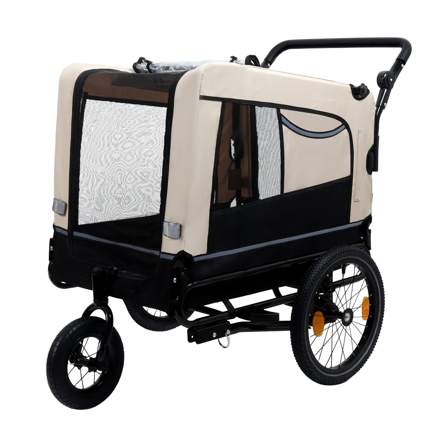 2-in-1 Bike Trailer & Push Cart for Pets - Detachable Bike Hitch & Push Handle Included - All-Terrain Wheels, Quick Release Wheel, Non-Slip Floor, Internal Leash, Holds Up to 88 lbs, Black- Beige