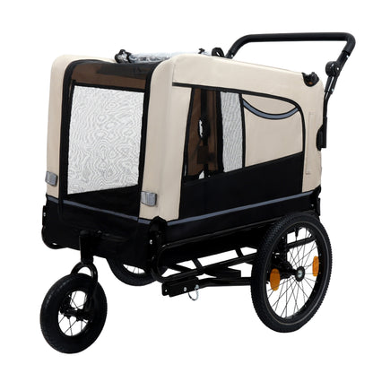 2-in-1 Bike Trailer & Push Cart for Pets - Detachable Bike Hitch & Push Handle Included - All-Terrain Wheels, Quick Release Wheel, Non-Slip Floor, Internal Leash, Holds Up to 88 lbs, Black- Beige
