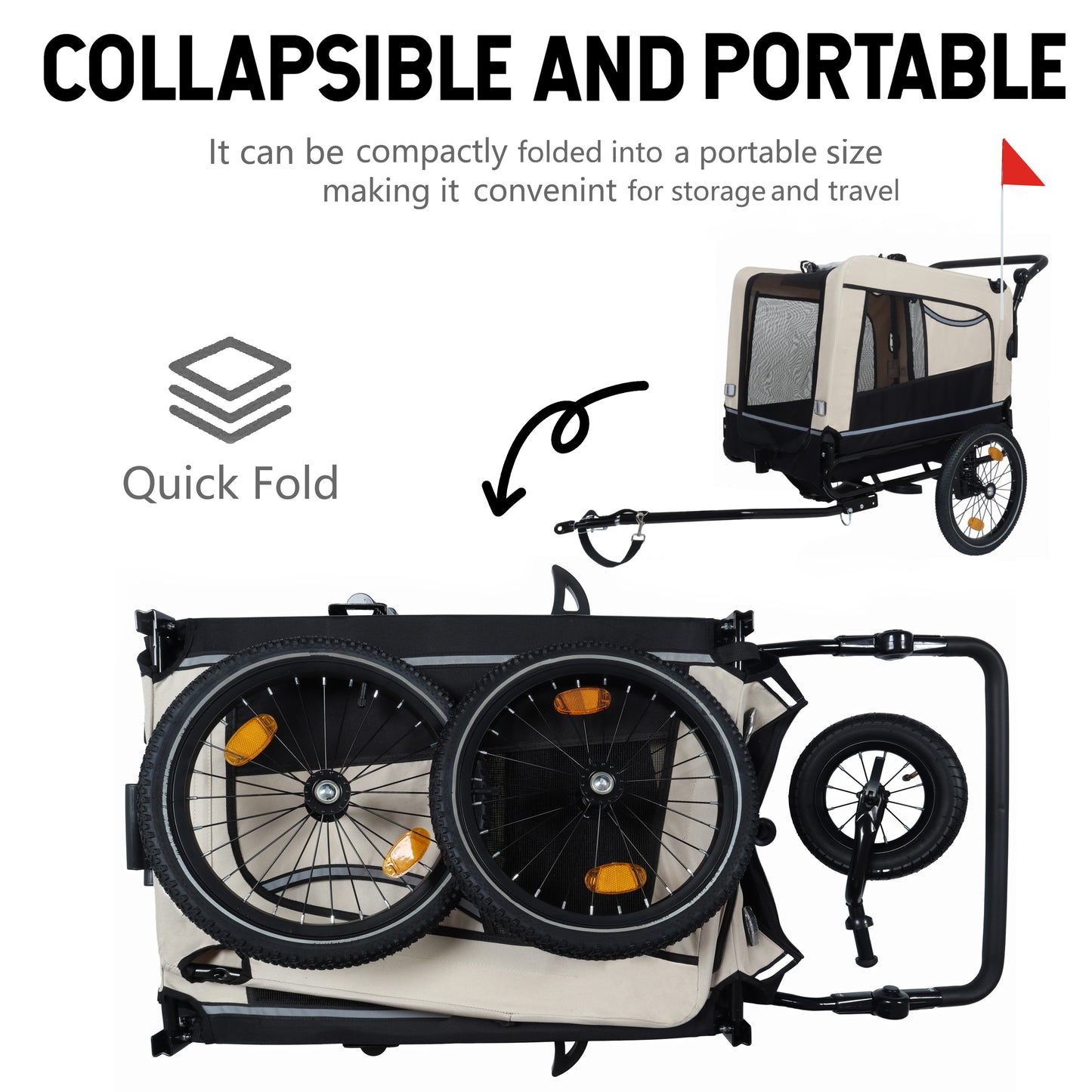 2-in-1 Bike Trailer & Push Cart for Pets - Detachable Bike Hitch & Push Handle Included - All-Terrain Wheels, Quick Release Wheel, Non-Slip Floor, Internal Leash, Holds Up to 88 lbs, Black- Beige