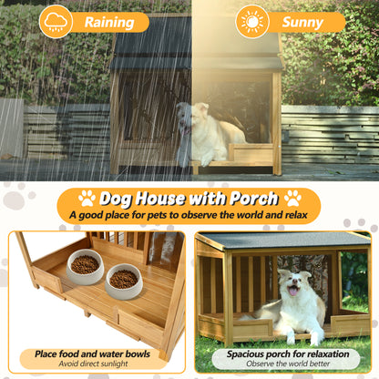 60.2" Large Outdoor Dog House with Insulated Liner for Winter Waterproof Dog Kennel for Medium & Large Dogs, Dog House with Porch and Asphalt Roof and Elevated Floor, Nature